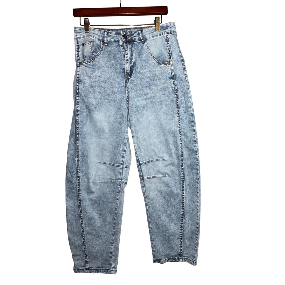 Acid Wash High Rise Barrel Leg Small Tapered Jeans Light Blue‎ Seam Detail Baggy